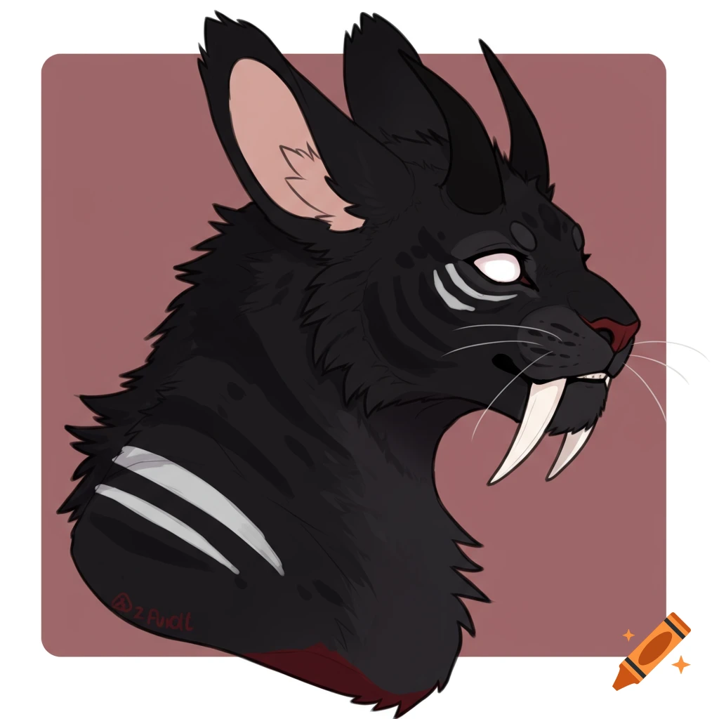 Cartoon profile illustration of a black saber-tooth tiger with bunny ears, horns, and white stripes.