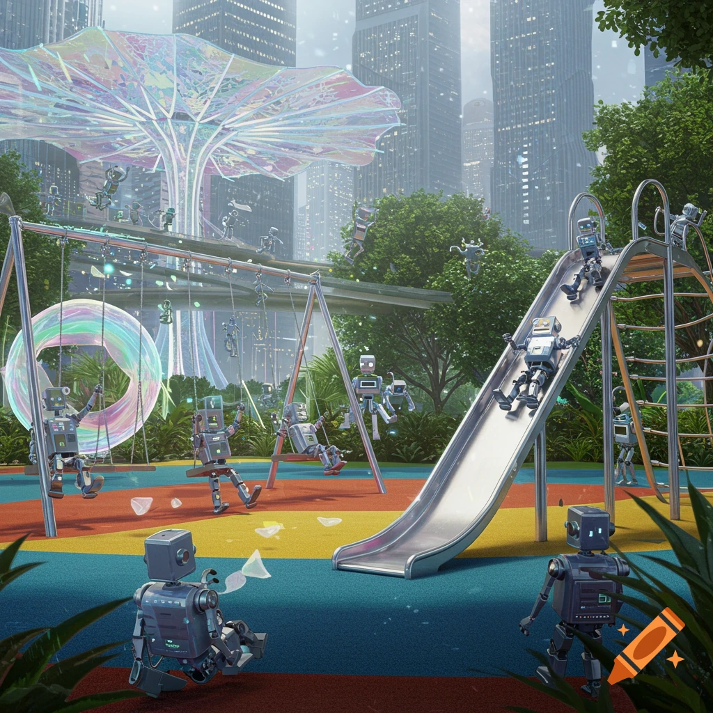 Robots playing on a playground with swings and a slide in a futuristic city.