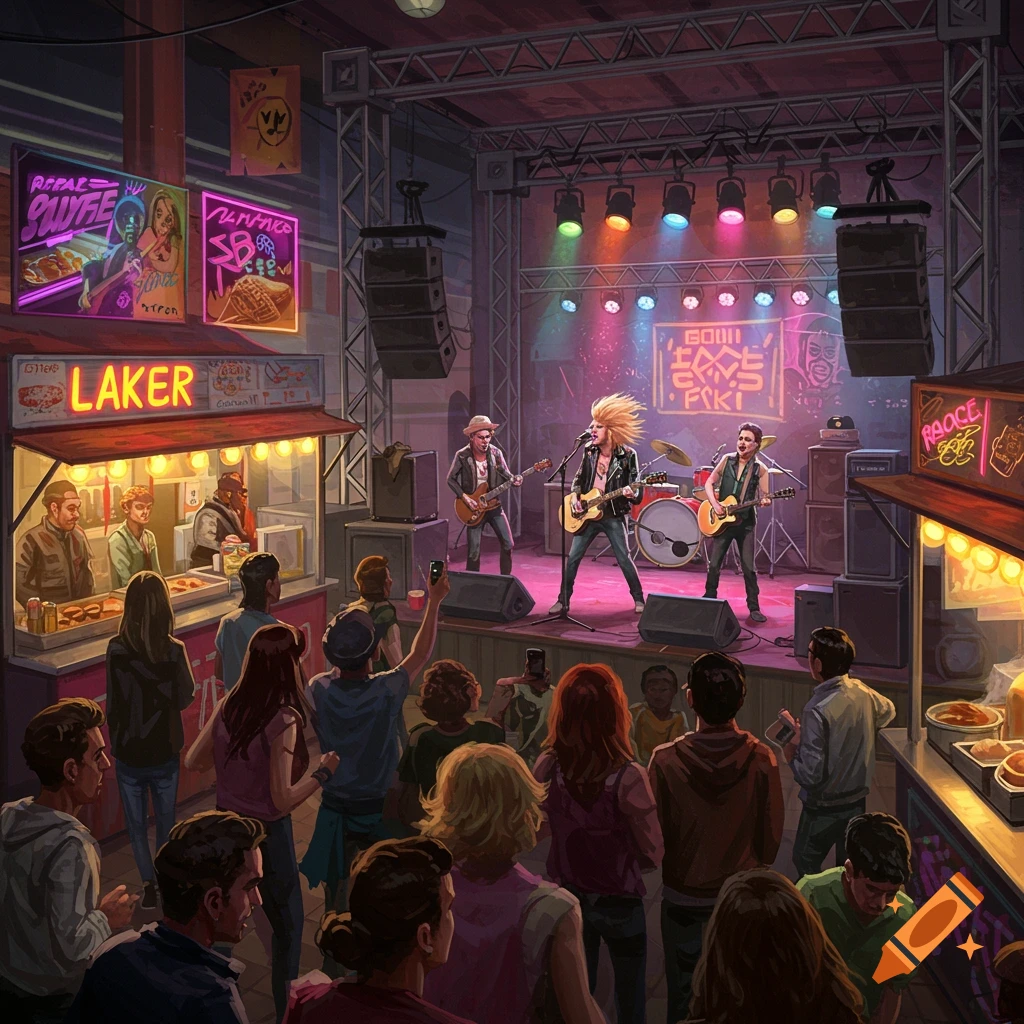 A rock band playing on a stage in a busy food court with a crowd.