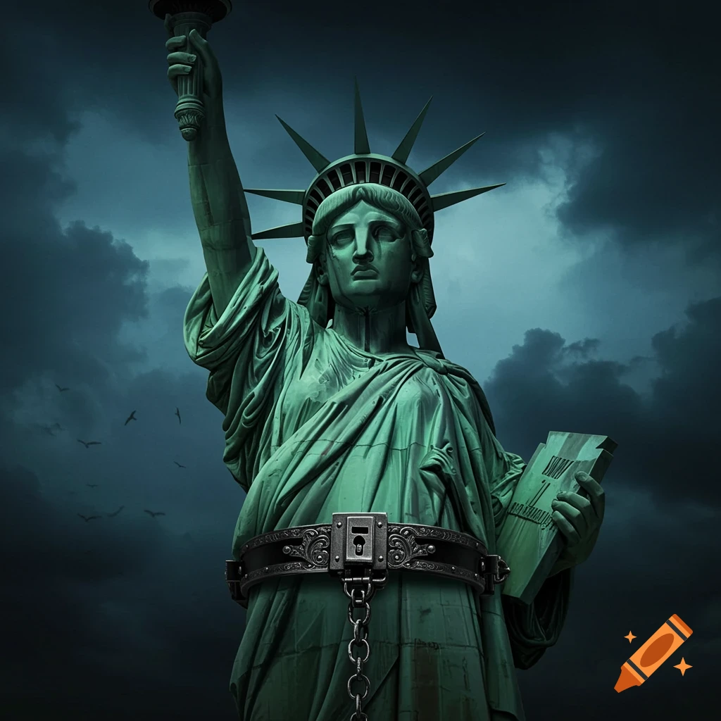 Statue of Liberty wearing a chastity belt against a stormy sky in a dark, symbolic image.