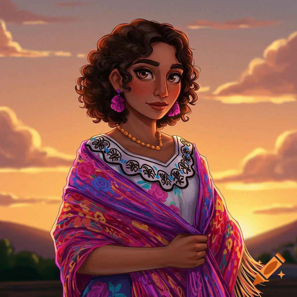 A woman in traditional Mexican clothing and colorful shawl stands against a sunset background.