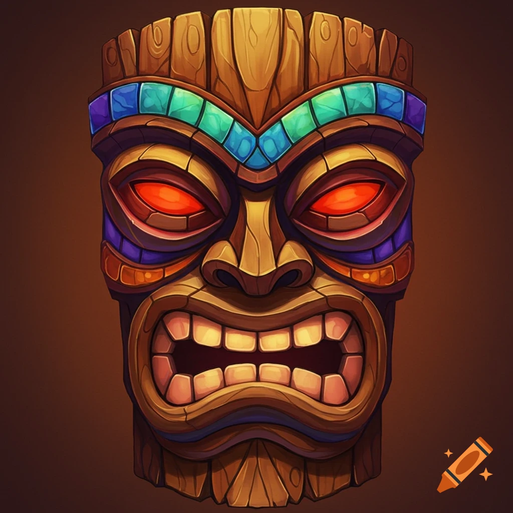 A stylized wooden tiki mask with glowing red eyes and sharp teeth on a brown background