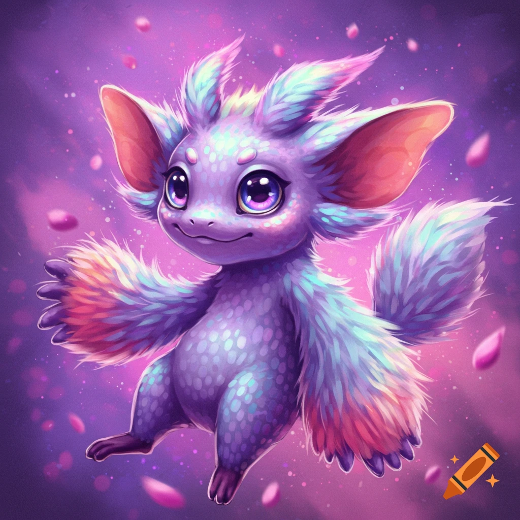 A cute, fluffy purple fantasy creature with big eyes floats in a sparkly purple background.