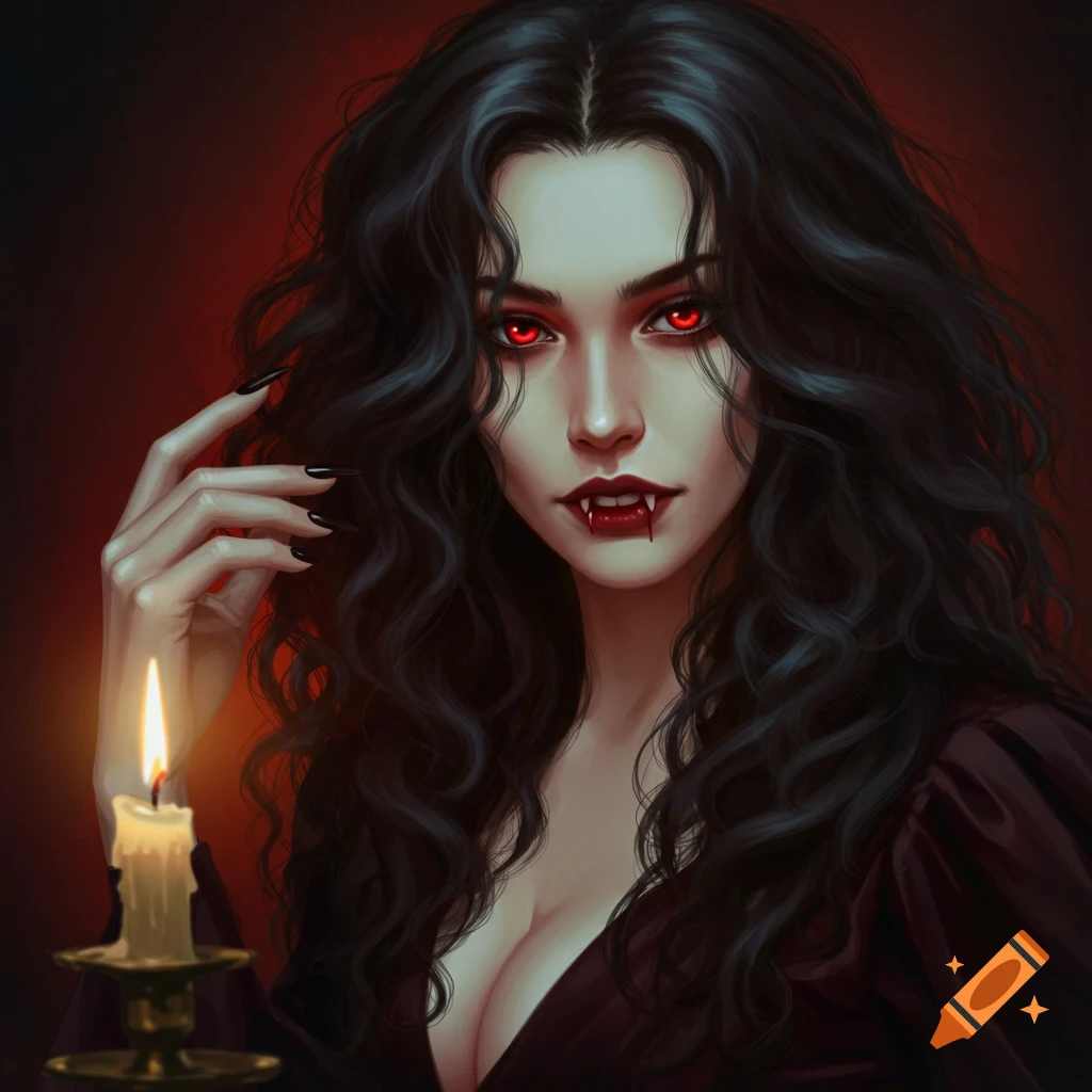 A vampire woman with red eyes, fangs, and long dark hair, holding a lit candle.