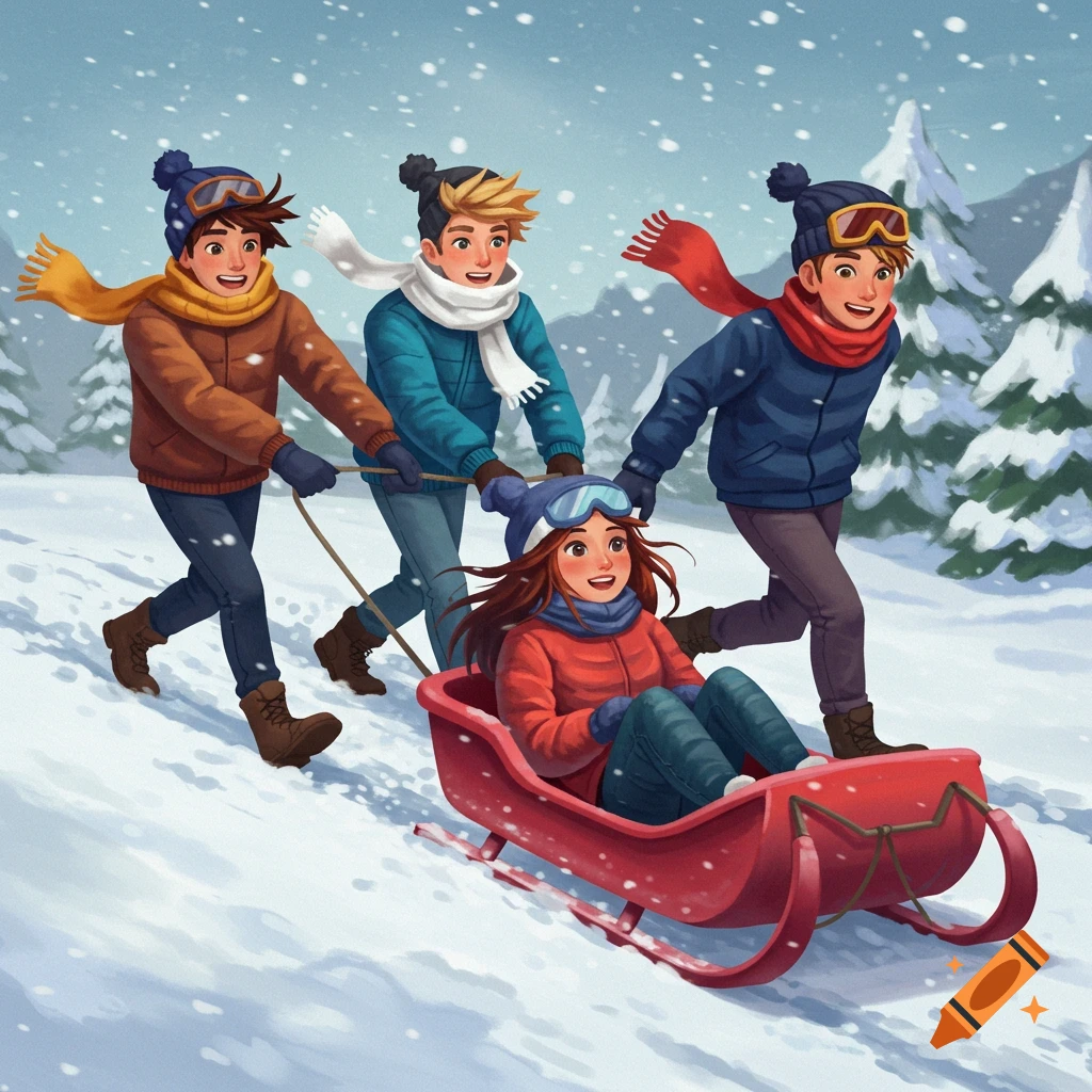 Three people are pulling a fourth person in a red sled down a snowy hill.
