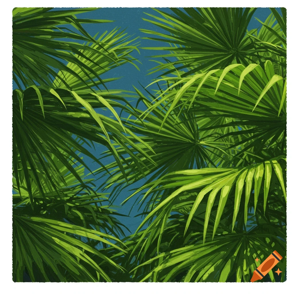 Lush green palm branches against a blue sky.