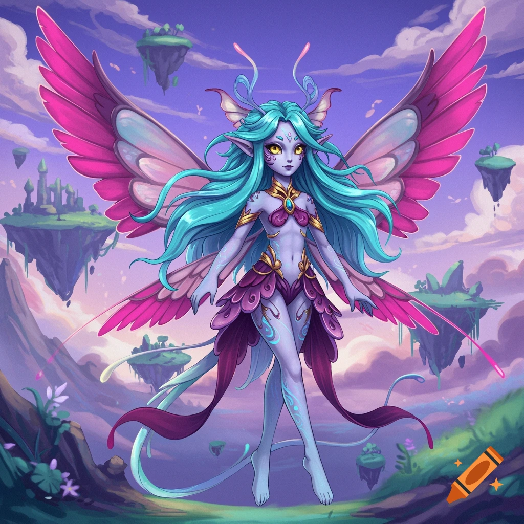Anime fantasy creature with pink wings on floating islands