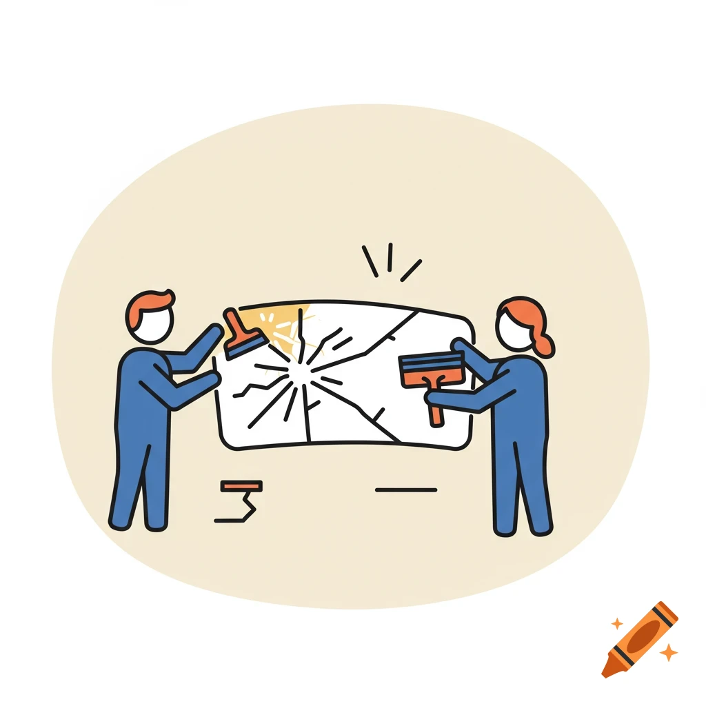 Icon of two stylized people repairing a cracked windshield
