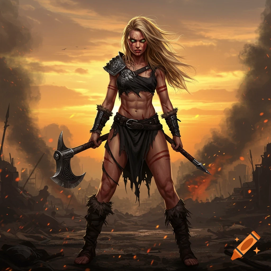 Female warrior with axe and spear stands in ruined city at sunset.