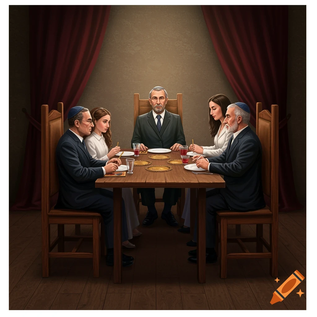 A family is gathered around a table during a Passover Seder. There is an empty chair at the table.