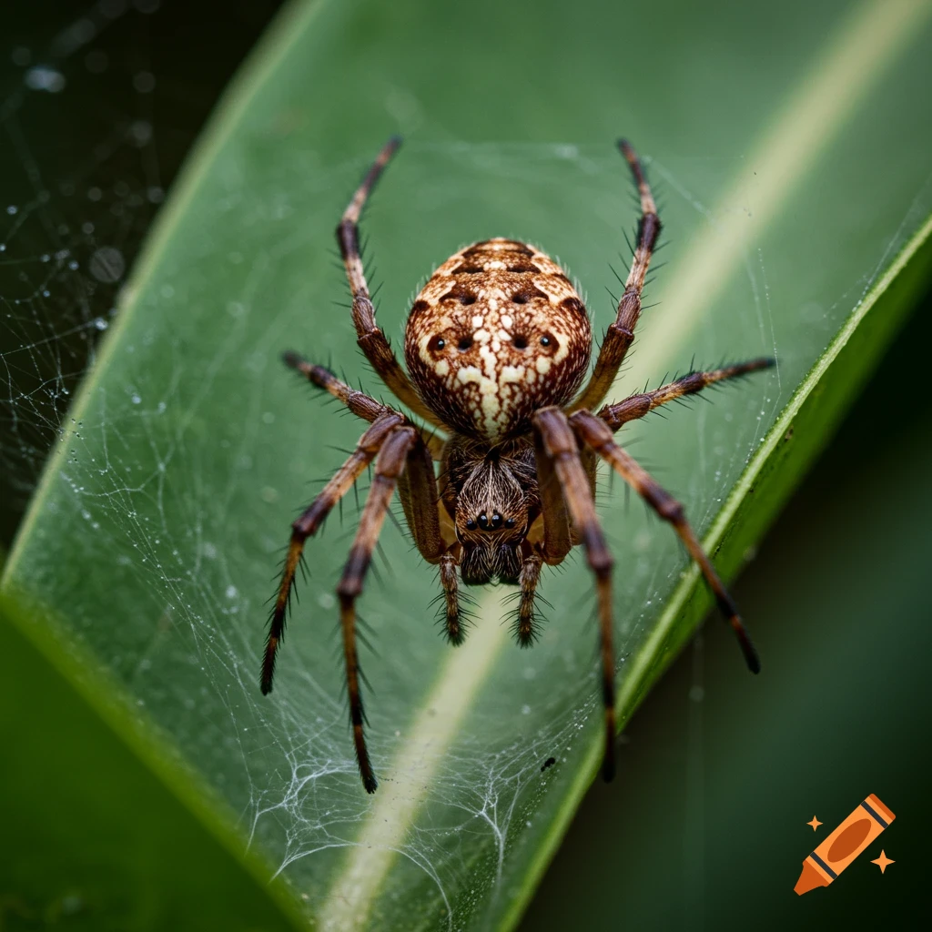 A close-up photograph of a spider on a green leaf with a web.