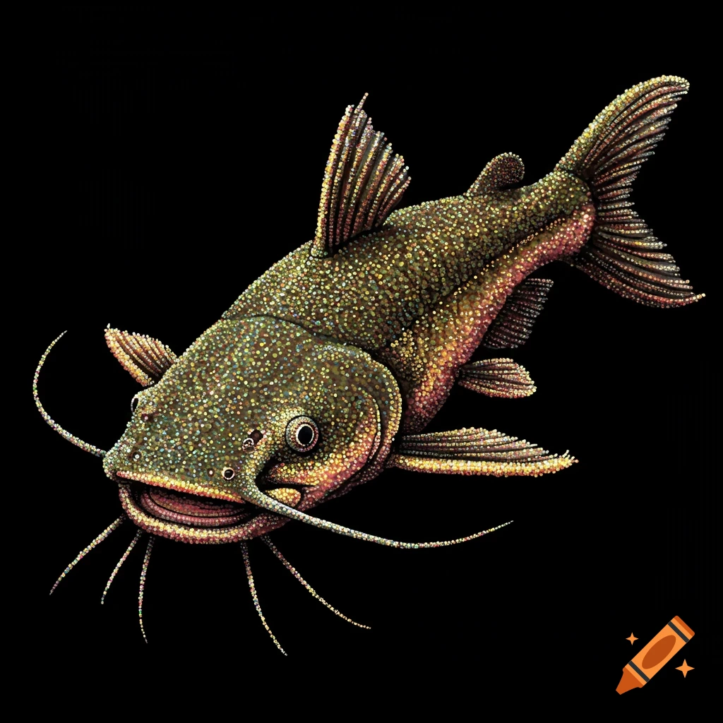 A catfish illustration made of tiny dots against a black background.