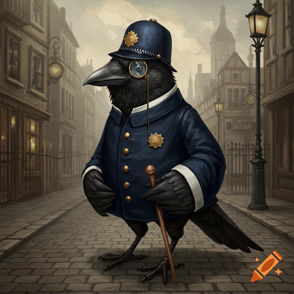 A crow dressed as a constable with a monocle stands on a cobblestone street.