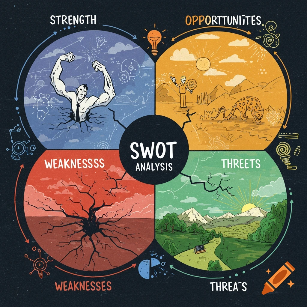 Digital illustration of a colorful SWOT analysis diagram with visual metaphors for strengths, weaknesses, opportunities, and threats.