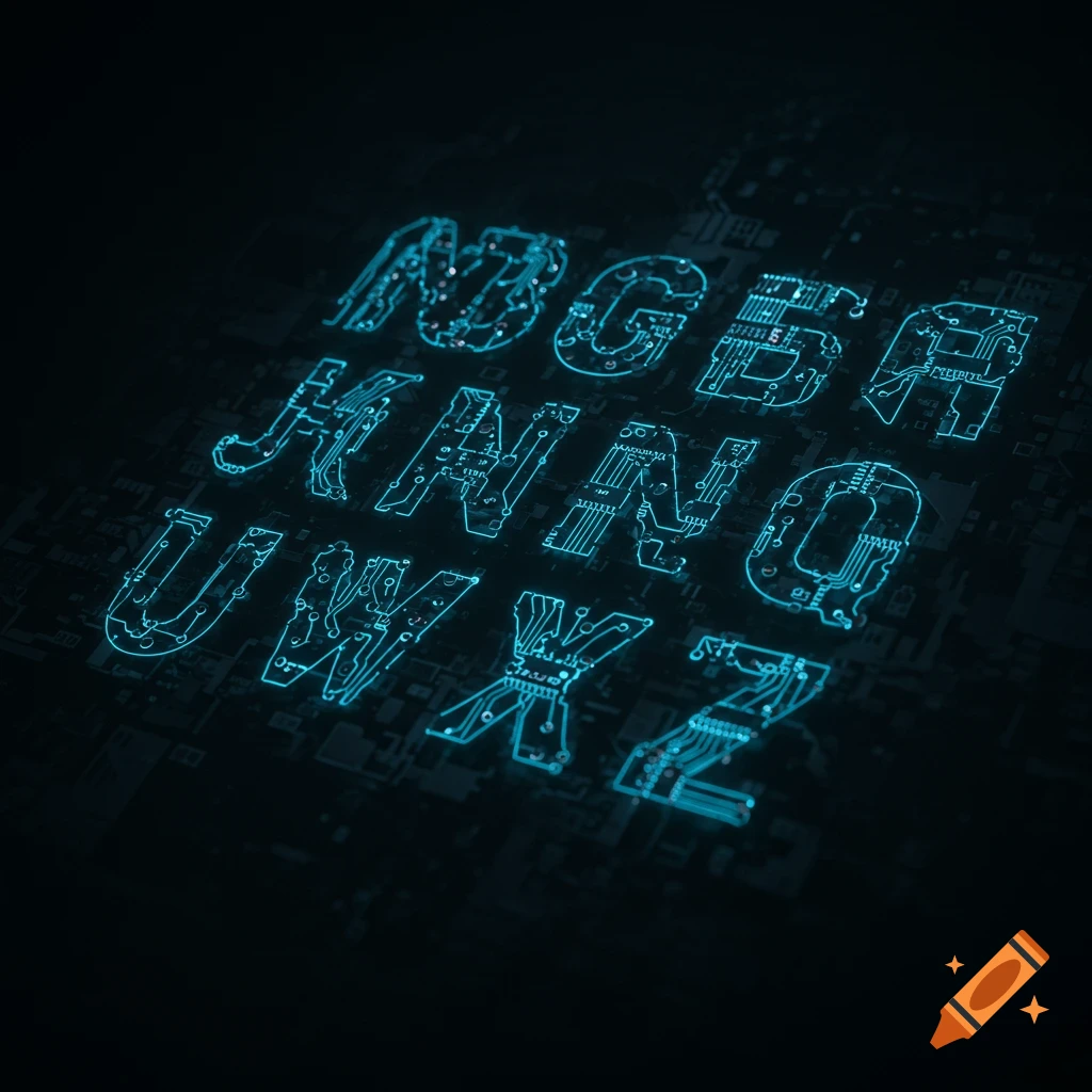 Uppercase letters A-Z formed from glowing blue circuit board traces on a dark background.