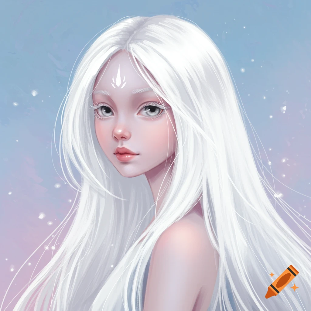 Painting of a girl with long white hair, grey eyes, and a forehead symbol against a watercolor background.