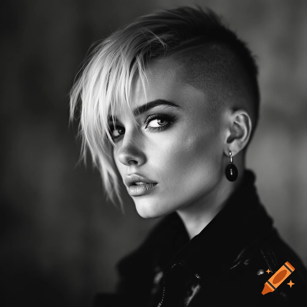 Black and white portrait of a woman with a half-shaved head, blonde hair, and black jacket looking back.