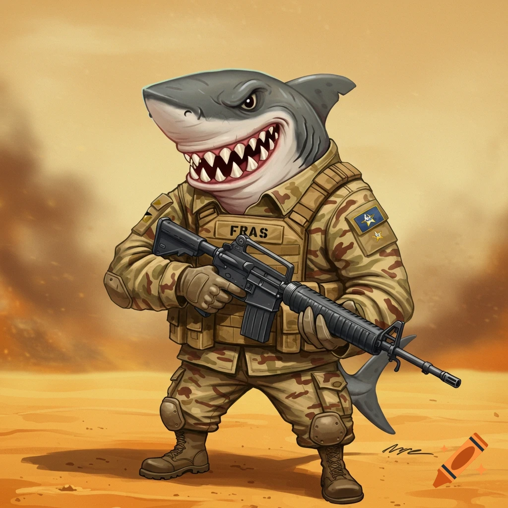 A cartoon shark in desert camouflage military uniform holds a rifle in a sandy landscape, digital art.