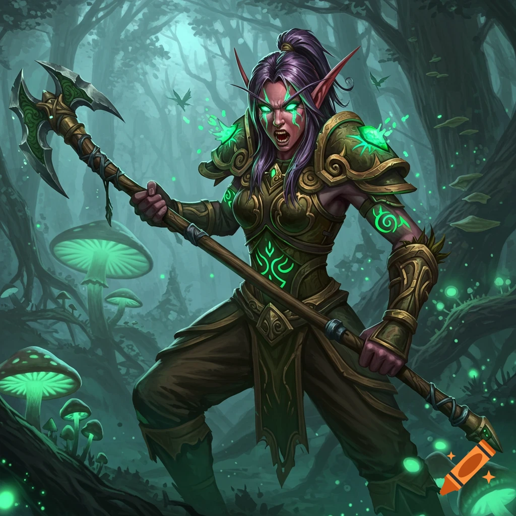 A green-eyed Night Elf Warden in armor, holding an axe in a glowing forest.