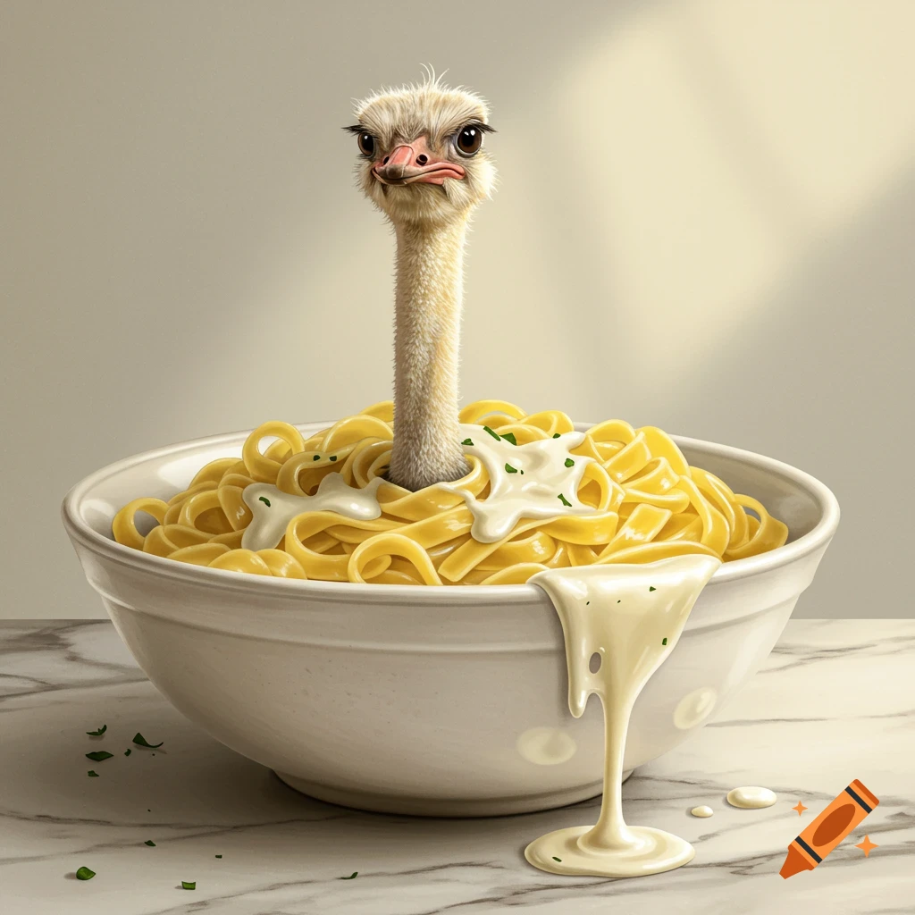 An ostrich head emerges from a bowl of pasta with cream sauce.