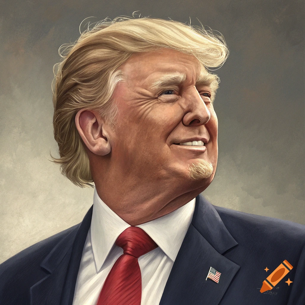 Painted portrait of Donald Trump in a suit and red tie, smiling.
