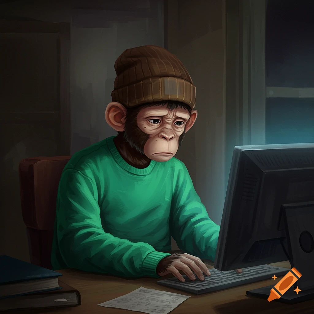 A sad monkey in a beanie and green sweatshirt sits at a computer.