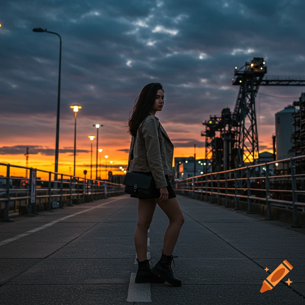 Woman standing on a bridge at sunset with industrial structures in the background.