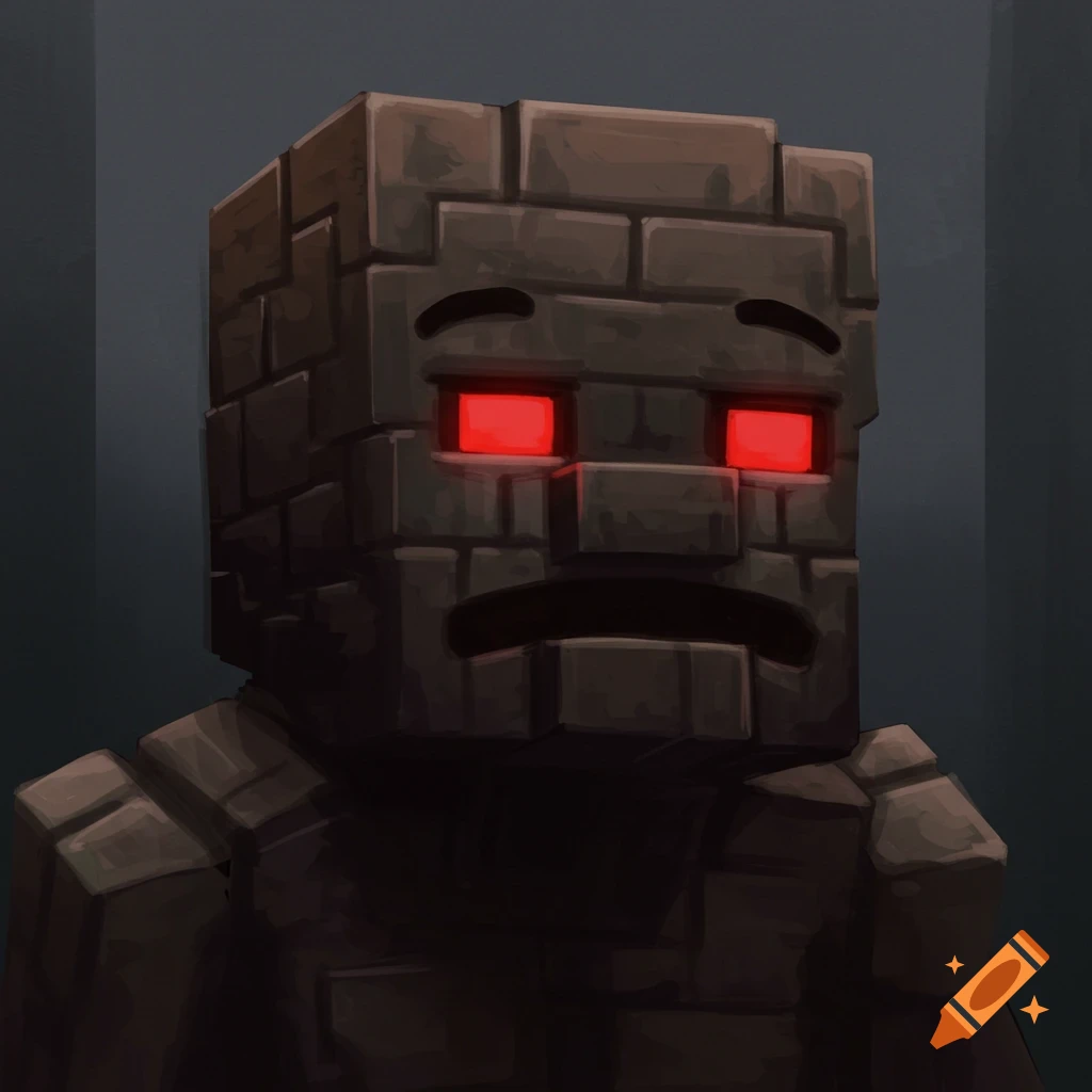A Minecraft-style stone golem with glowing red eyes and a sad expression.