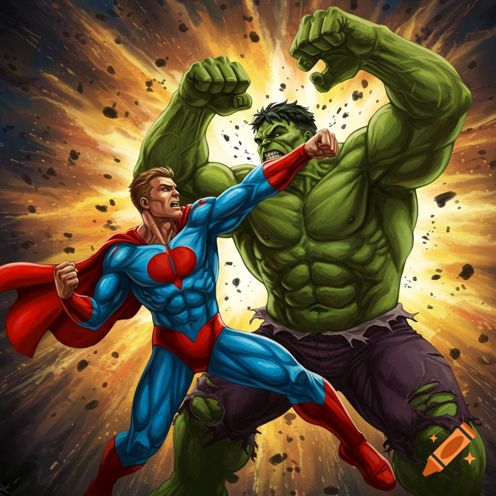 Superhero in blue and red battles the Hulk with explosive background.