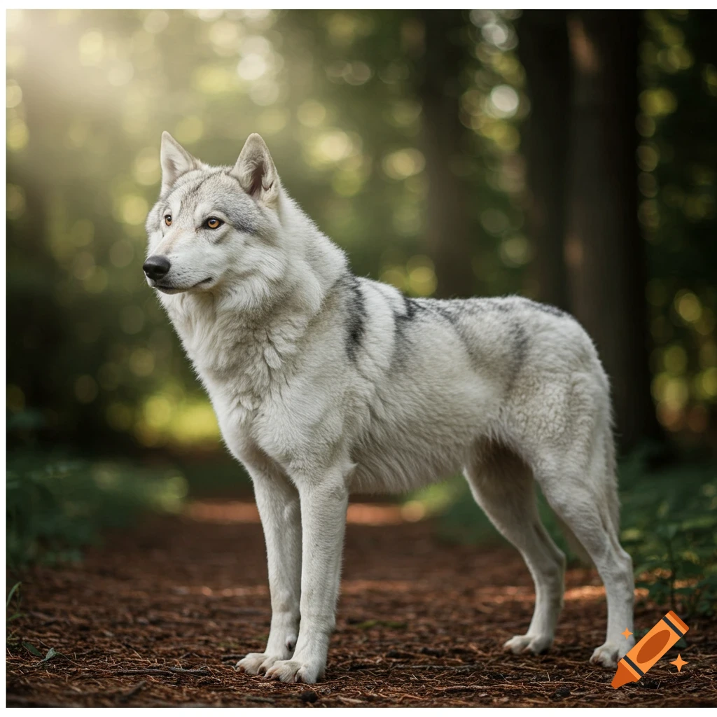 Realistic photo of a grey wolf standing on a forest path with sunbeams.