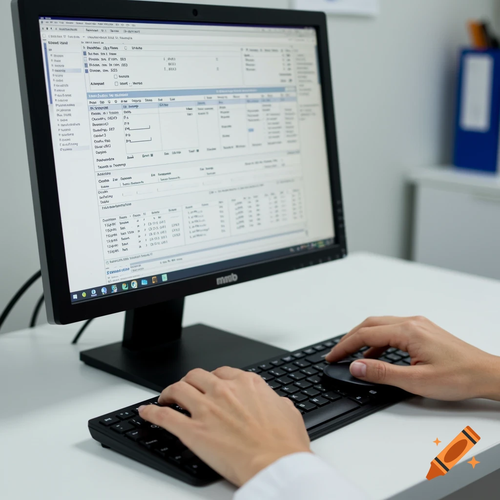 Hands type on a computer screen showing medical records in an office.