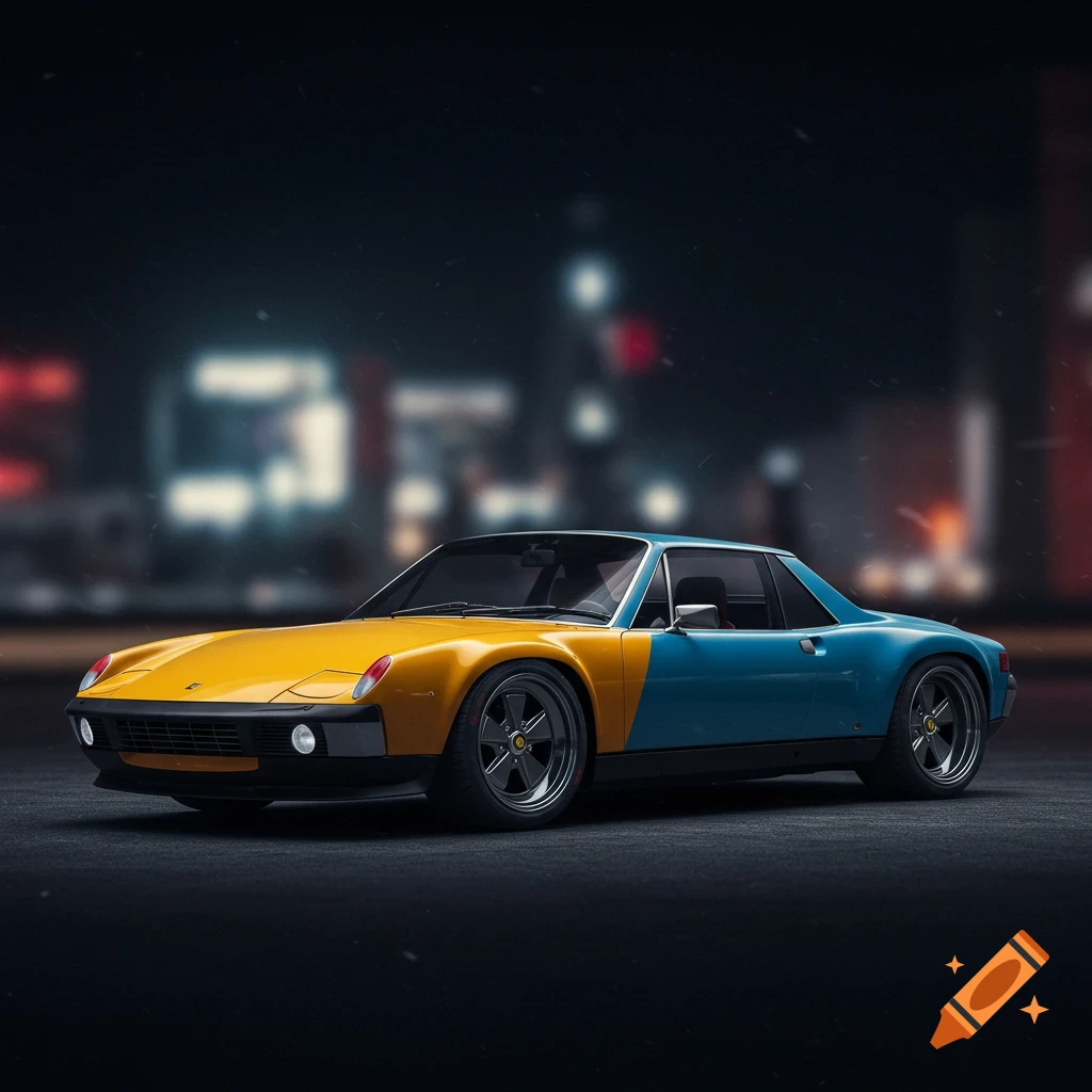A yellow and blue sports car parked at night