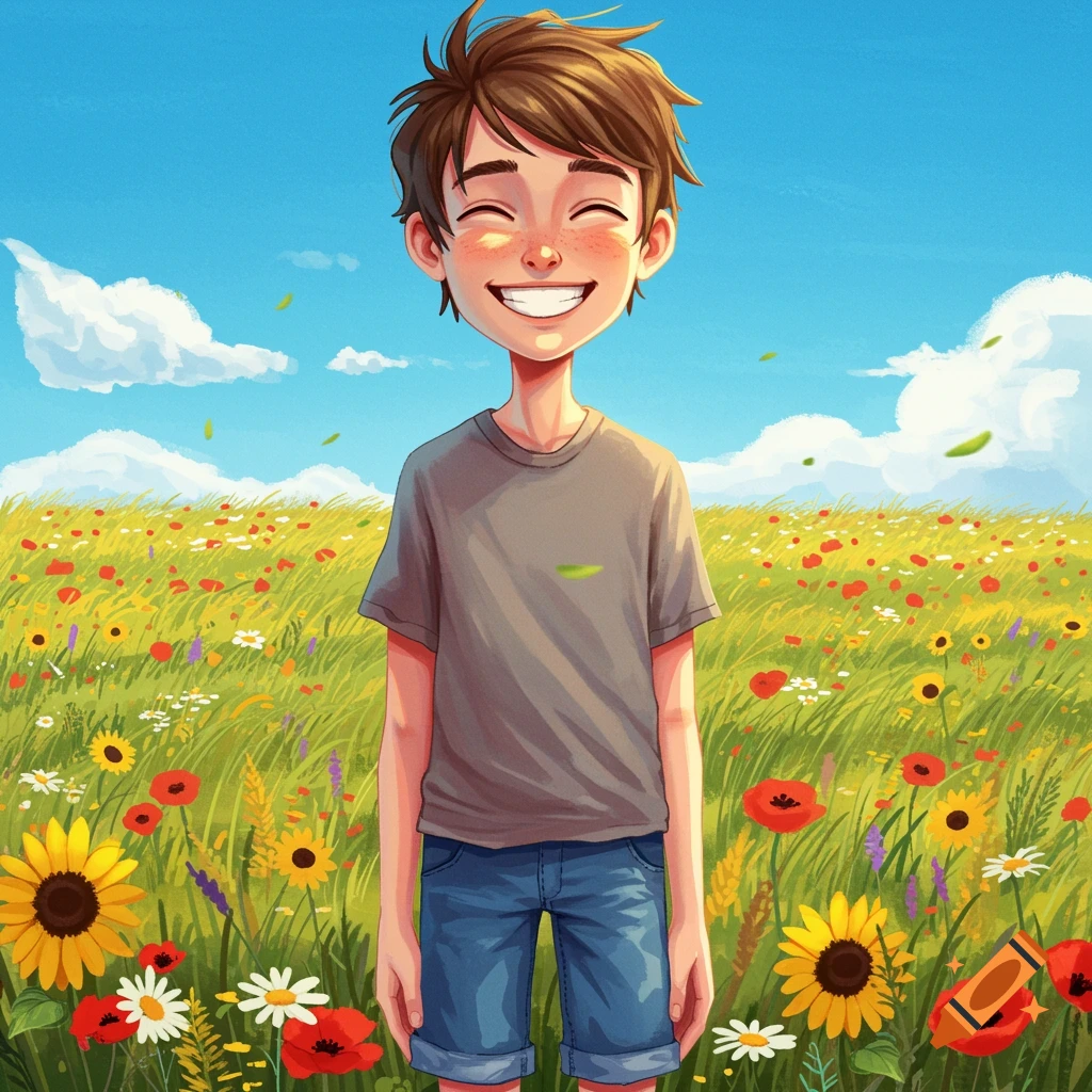 Illustration of a smiling boy with freckles standing in a field of sunflowers, poppies, and daisies under a blue sky.