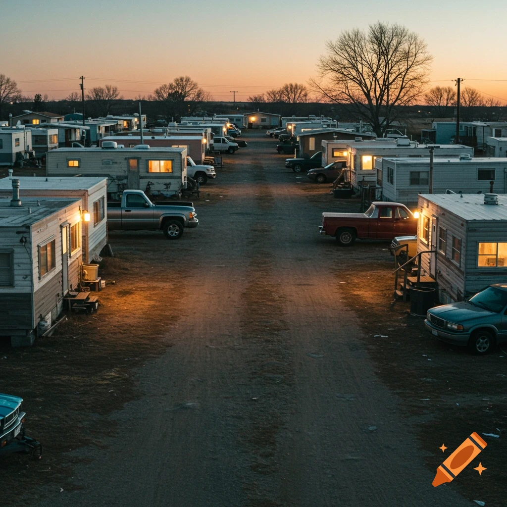 A rural trailer park at dusk with lights on in trailers and trucks parked along the road.