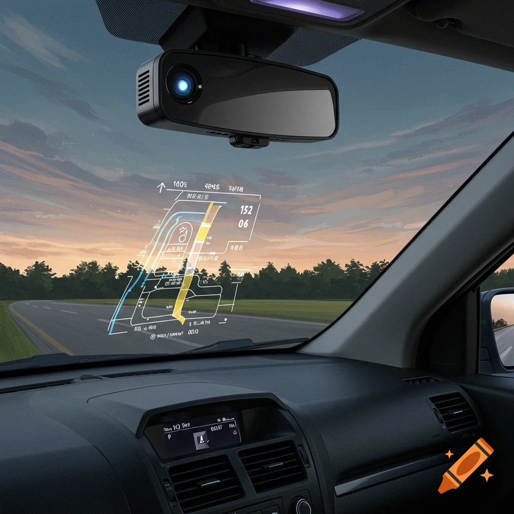 Interior view of a car showing a dashboard and a head-up display projected onto the windshield with navigation information.