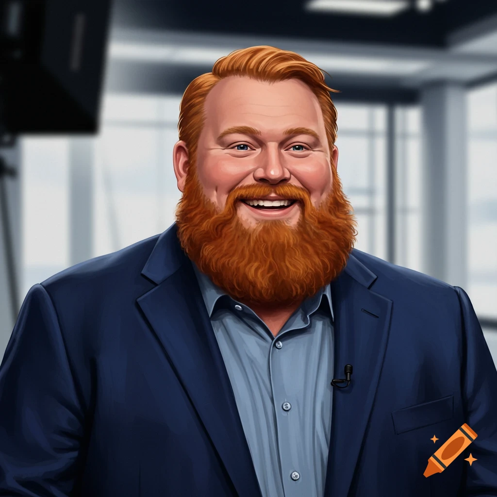 Portrait of a smiling man with a large ginger beard and blue suit in a studio.