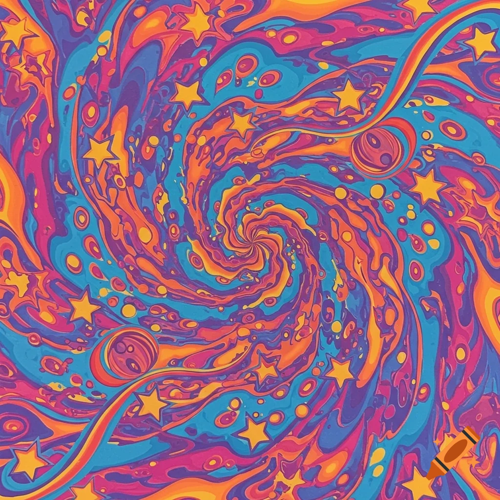 A colorful, psychedelic swirl pattern with yellow stars in pink, purple, blue, and orange.