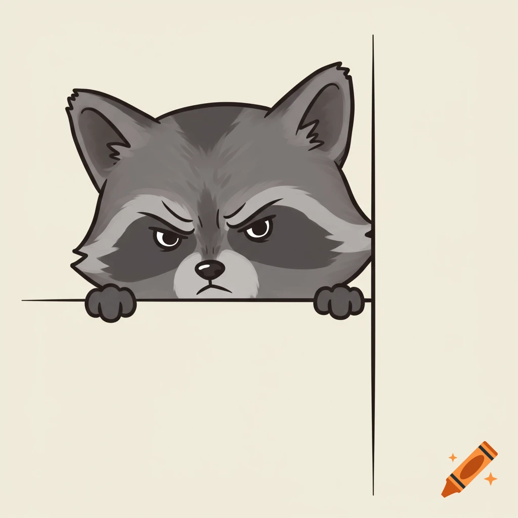 A cartoon raccoon with an angry expression peeks over a line.