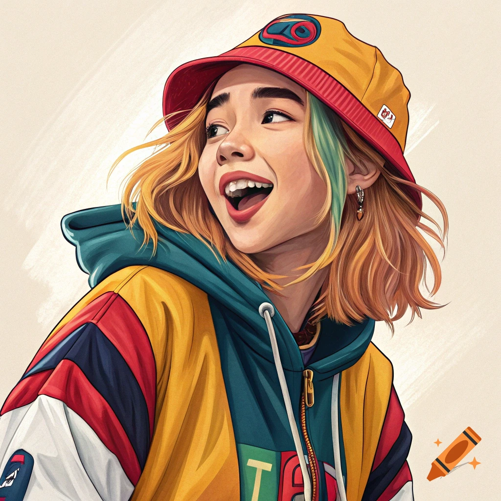 Cartoonish illustration of a young person in a colorful bucket hat and jacket, smiling.