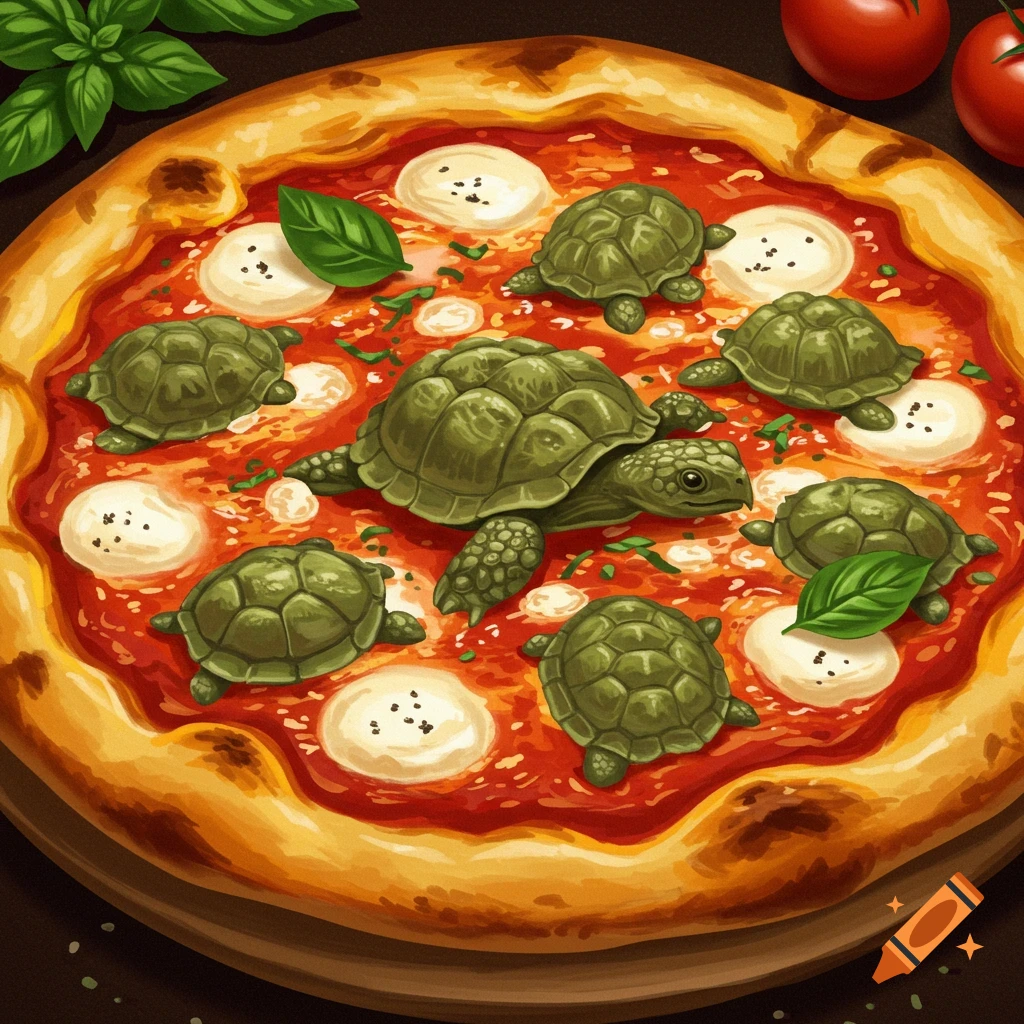 A pizza topped with multiple small turtles.