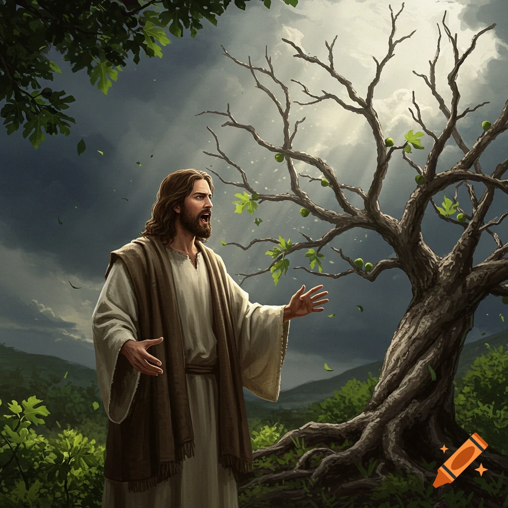 Jesus standing beside a fig tree in a stormy landscape.