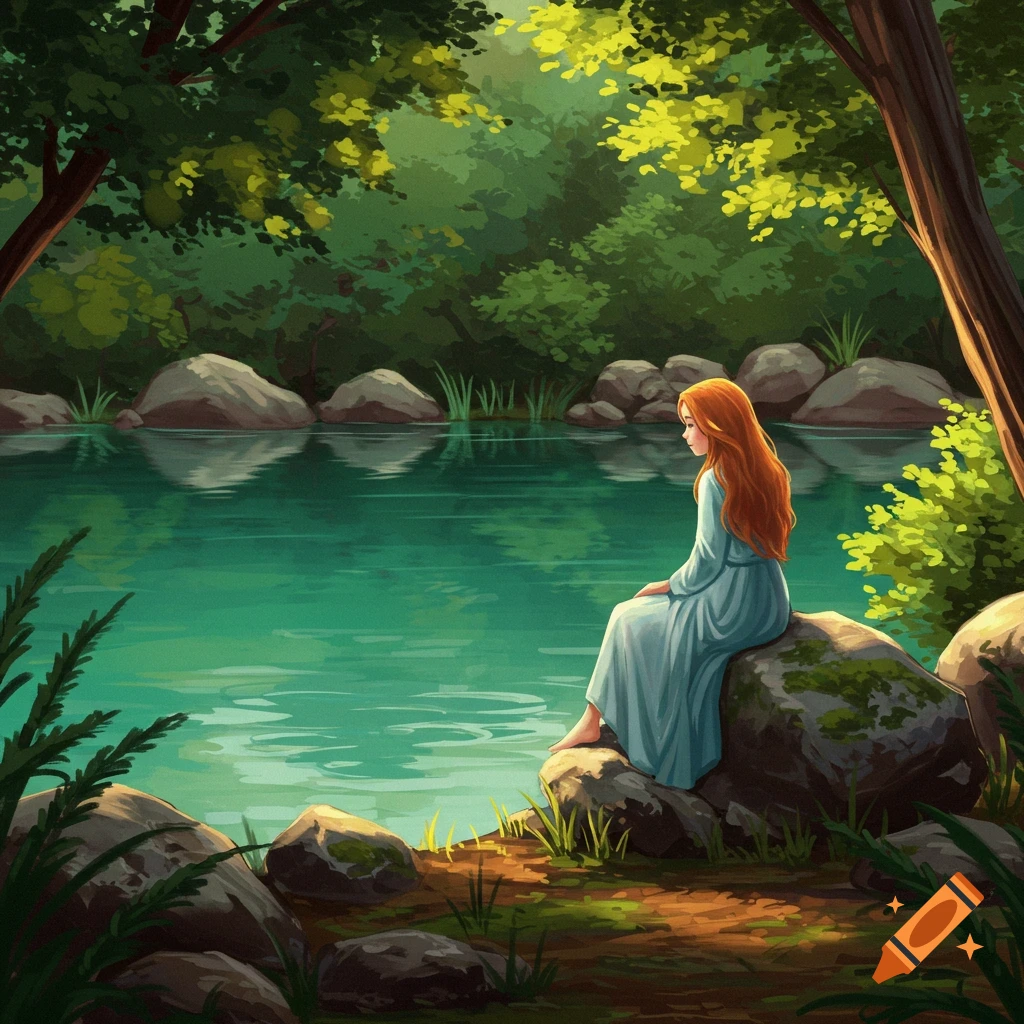 A woman sits on a rock by a lake in a forest.