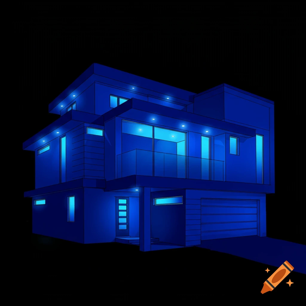 A modern house illuminated in blue against a black background.