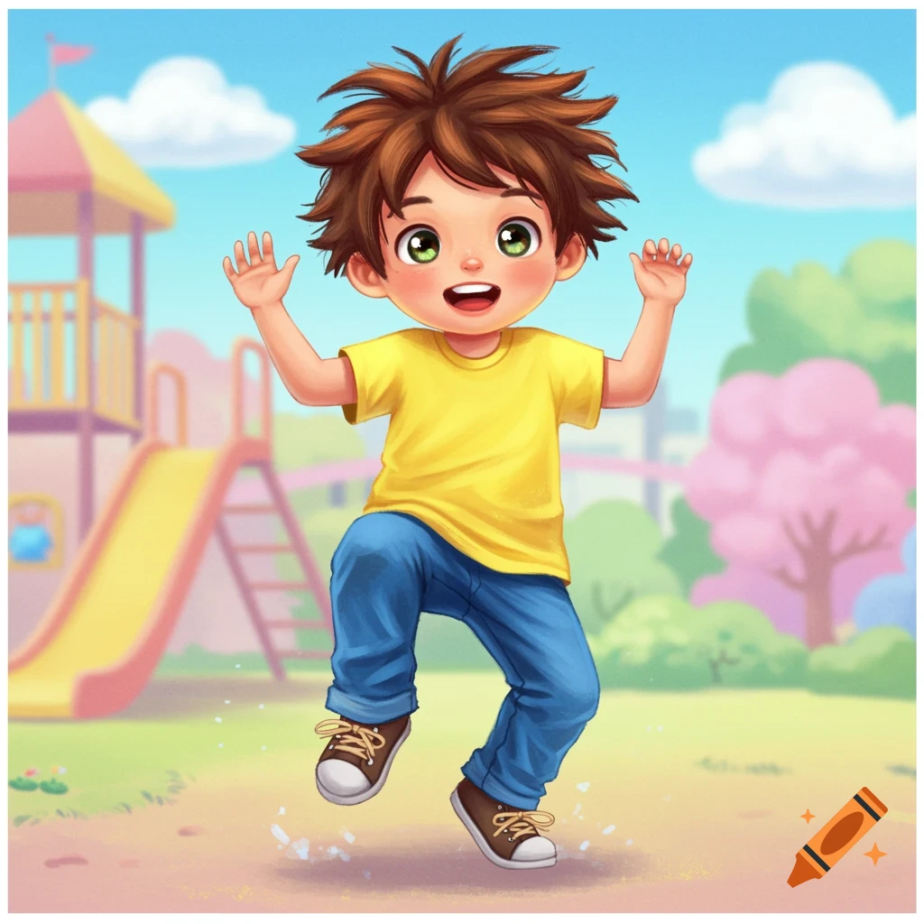 Cartoon boy jumps in a playground