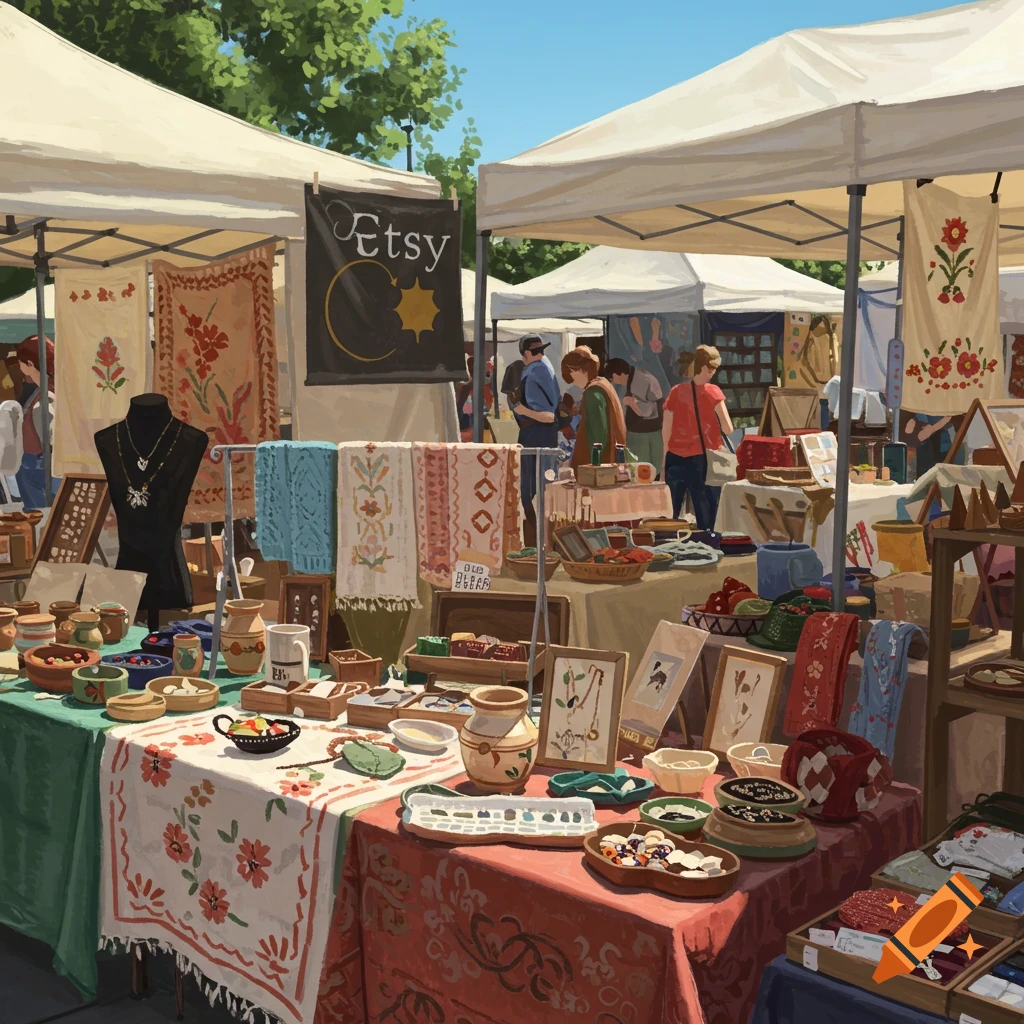 A busy outdoor market with vendors selling various goods under white tents.