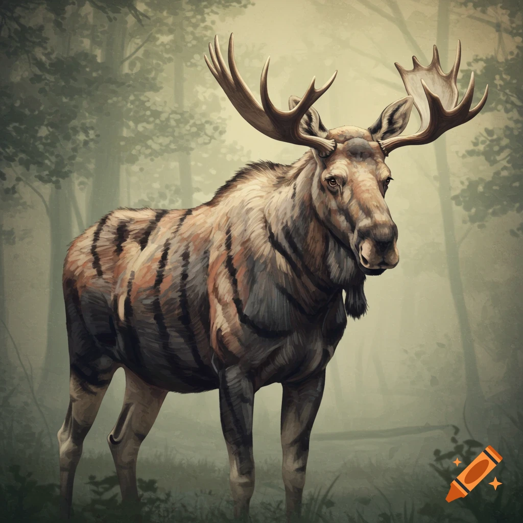 A striped moose stands in a misty forest.