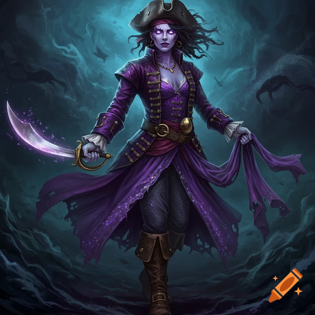 A fantasy pirate woman with purple skin, glowing eyes, and a glowing sword in a dark, stormy setting.