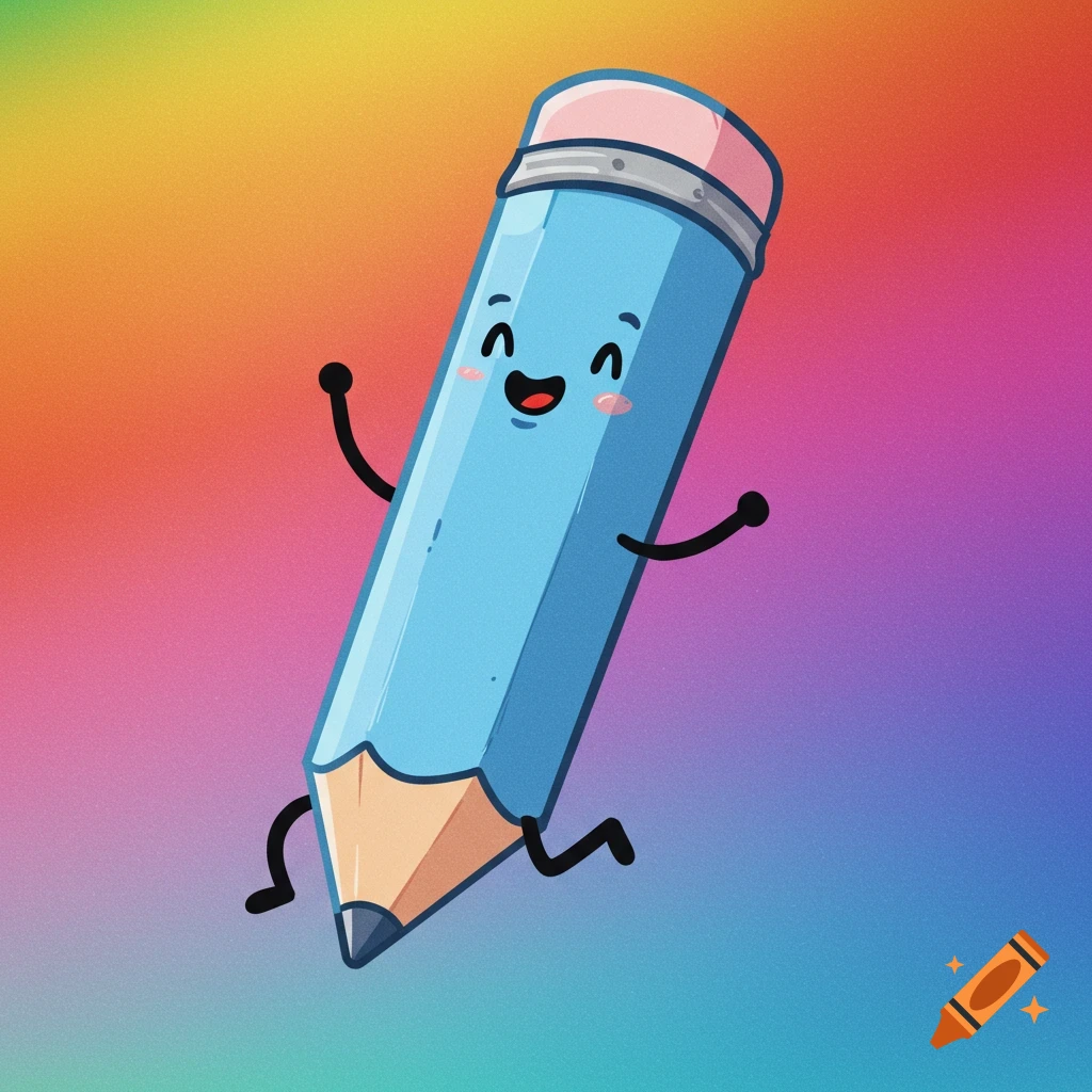 An animated light blue pencil character running on a colorful gradient background.