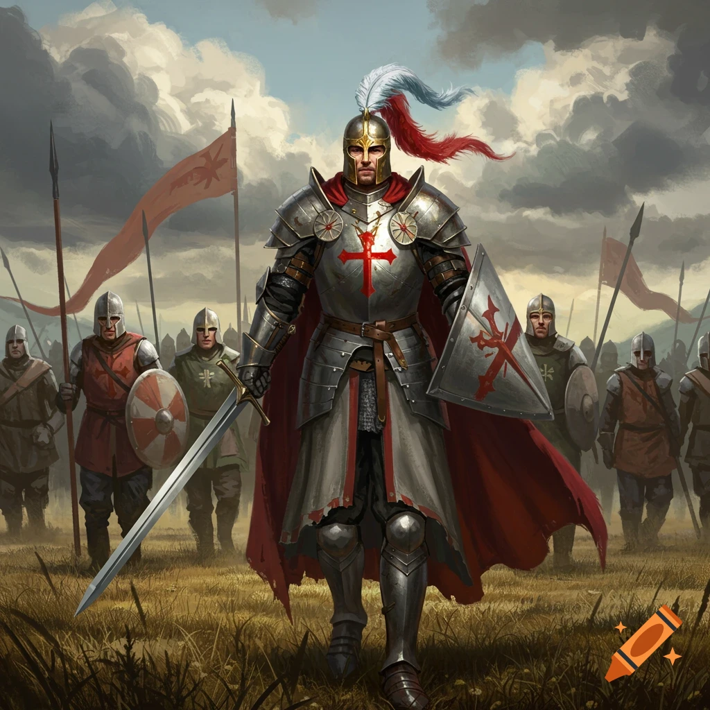 A knight in armor leading soldiers into battle on a grassy field.