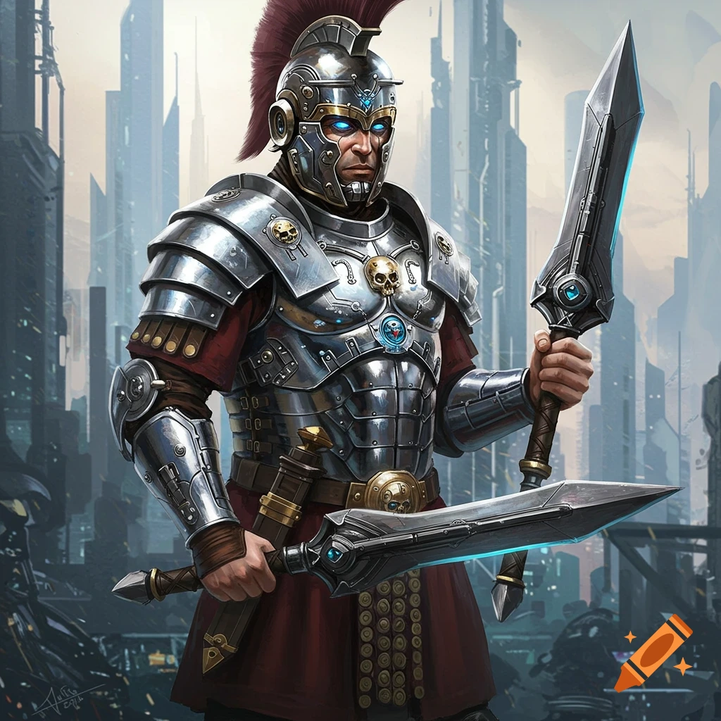 A sci-fi Roman centurion in futuristic armor holding two swords against a city skyline.